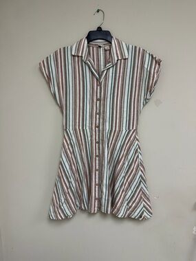 Roxy Striped Button-Front Shirt Dress in Cream, Brown & Green